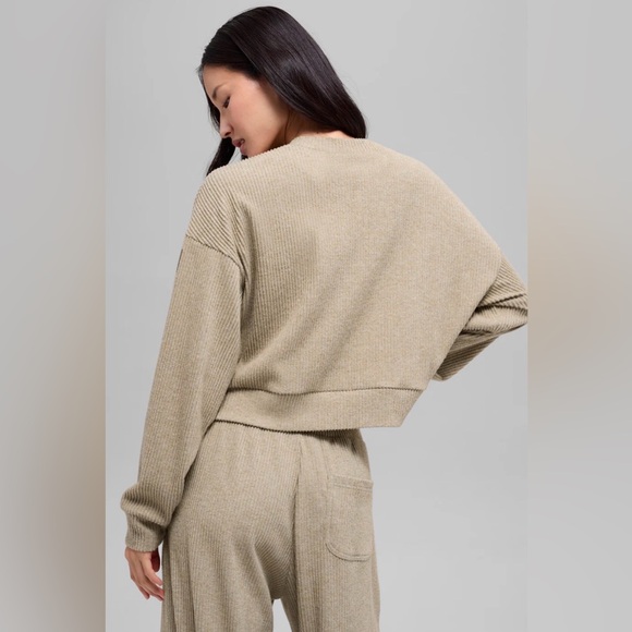 Alo Yoga Muse Ribbed Set Size S Crew Pullover + Wide Leg Pant Gravel Heather - Picture 3 of 11